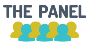 Experts by Experience Panel logo - 7 shapes in blue and yellow overlapping which look like the head and shoulders of a group of 7 people together.