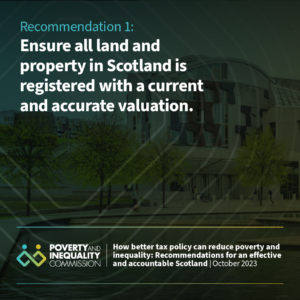 Image of the Scottish Parliament with the following text: Recommendation 1: Ensure all land and property in Scotland is registered with a current and accurate valuation