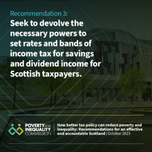 Image of the Scottish Parliament with the following text: Recommendation 3: Seek to devolve the necessary powers to set rates and bands of income tax for savings and dividend income for Scottish taxpayers.